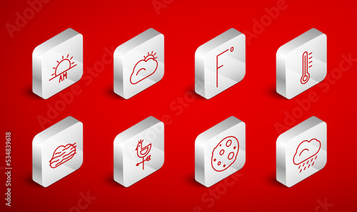 Set line Cloud with rain, Sun and cloud, Fahrenheit, Meteorology thermometer, Moon, Sunrise, Rooster weather vane and Fog icon. Vector