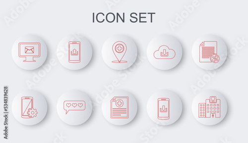 Set line Dental clinic, Setting on smartphone, Medical location with cross, Smartphone download, Monitor and envelope, upload, Like heart and Clinical record icon. Vector