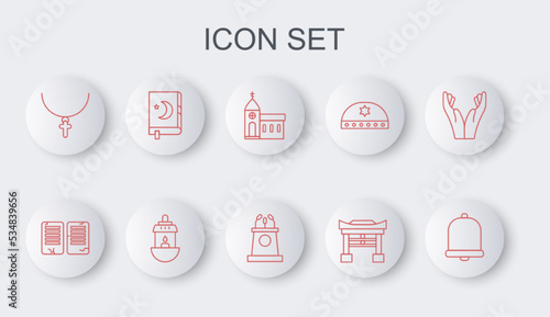 Set line Church bell, The commandments, building, Japan Gate, Christian cross on chain, Holy book of Koran, Ramadan Kareem lantern and Stage stand tribune icon. Vector