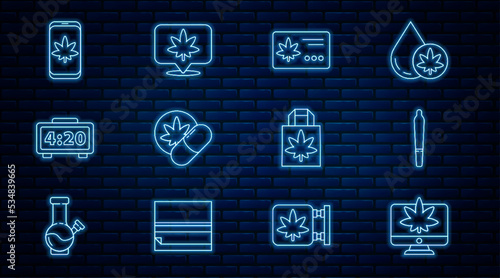 Set line Monitor and marijuana or cannabis, Marijuana joint, Calendar leaf, Herbal ecstasy tablets, Digital alarm clock, Mobile, Shopping paper bag of and Location icon. Vector