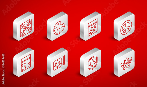 Set line Marijuana or cannabis leaf, Cookies with marijuana, Plastic bag of, Peace, Shield and, Medical pills, store and icon. Vector