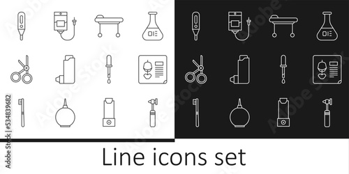 Set line Medical otoscope tool, X-ray shots, Stretcher, Inhaler, scissors, digital thermometer, Pipette and IV bag icon. Vector