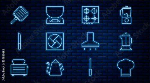 Set line Chef hat, French press, Gas stove, Ventilation, Knife, Frying pan, Kitchen extractor fan and Electronic scales icon. Vector