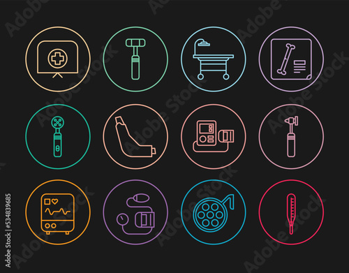 Set line Medical thermometer, otoscope tool, Operating table, Inhaler, Electric toothbrush, Nurse hat with cross, Blood pressure and Neurology reflex hammer icon. Vector