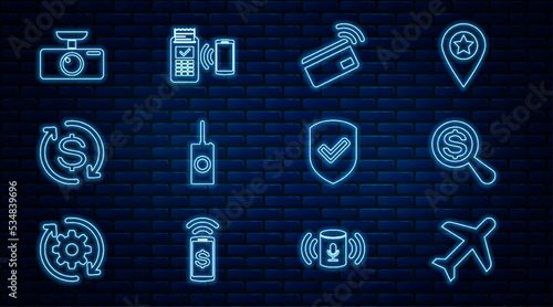 Set line Plane, Magnifying glass and dollar, Contactless payment, Remote control, Return of investment, Car DVR, Shield with check mark and POS terminal icon. Vector