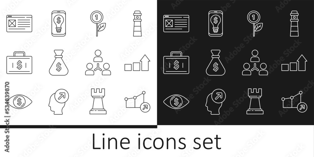 Set line Financial growth, Dollar plant, Money bag, Briefcase and money, Browser window, Project team base and Light bulb with dollar mobile icon. Vector Set line Financial growth, Dollar plant, Money bag, Briefcase and money, Browser window, Project team base and Light bulb with dollar mobile icon. Vector