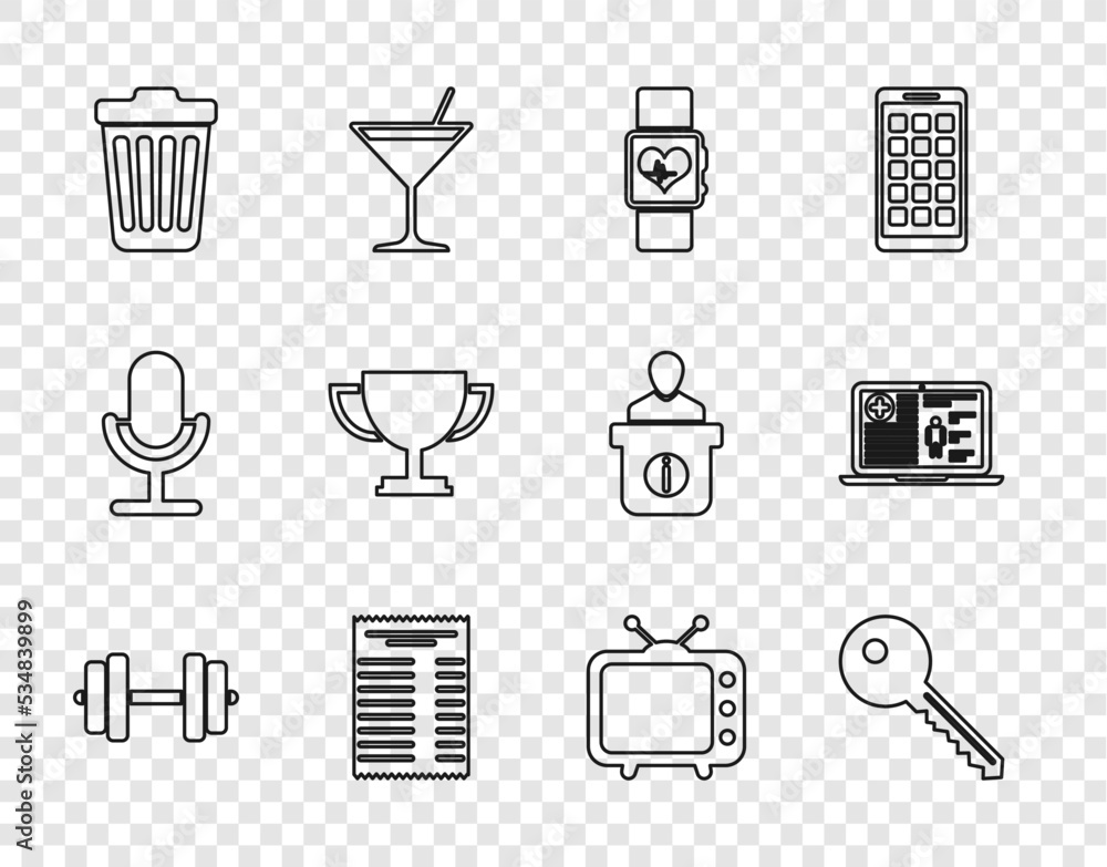 Set line Dumbbell, Key, Smart watch heart beat rate, Paper or financial check, Trash can, Trophy cup, Television tv and Medical clinical record icon. Vector Set line Dumbbell, Key, Smart watch heart beat rate, Paper or financial check, Trash can, Trophy cup, Television tv and Medical clinical record icon. Vector