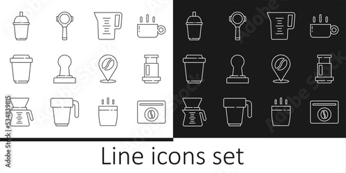 Set line Bag of coffee beans, Aeropress, Jug glass with water, Coffee tamper, cup to go, Location and filter holder icon. Vector