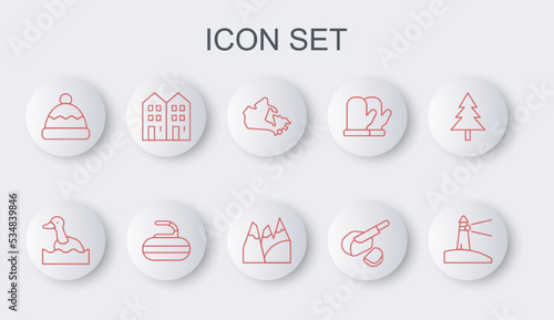 Set line Lighthouse, Flying duck, Canada map, Peameal bacon, Beanie hat, House, Stone for curling and Mountains icon. Vector