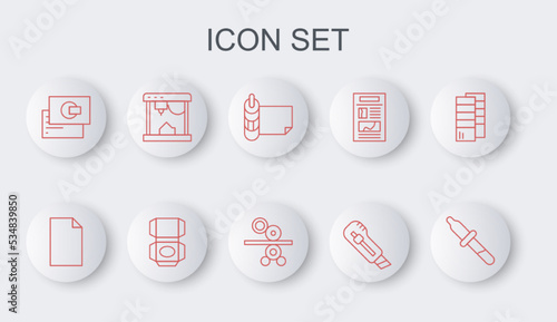 Set line Pipette, Empty document, Roll of paper, Stationery knife, Business card, 3D printer, Carton cardboard box and Paper roll printing press icon. Vector