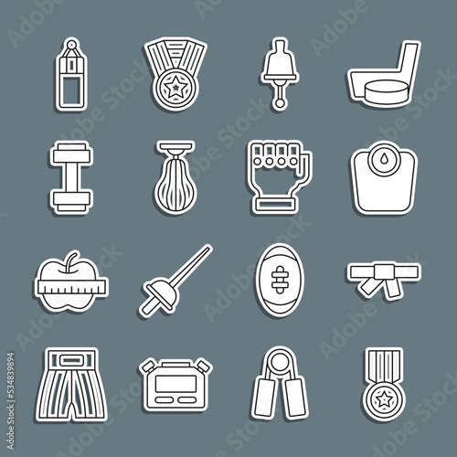 Set line Medal, Black karate belt, Bathroom scales, Ringing bell, Punching bag, Dumbbell, and MMA glove icon. Vector