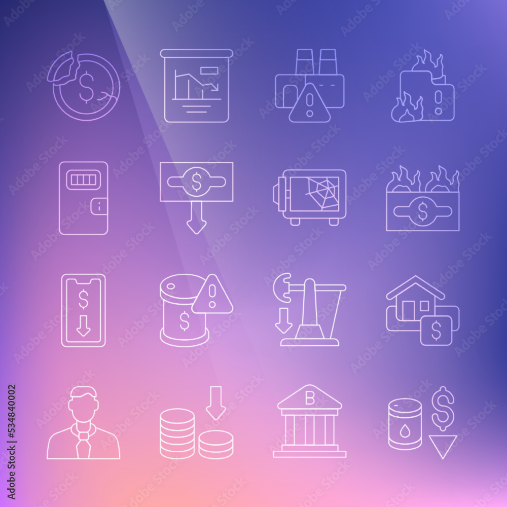 Set line Drop in crude oil price, Hanging sign with Sale, Burning dollar bill, Shutdown of factory, Dollar rate decrease, Prison cell door, and Safe icon. Vector Set line Drop in crude oil price, Hanging sign with Sale, Burning dollar bill, Shutdown of factory, Dollar rate decrease, Prison cell door, and Safe icon. Vector