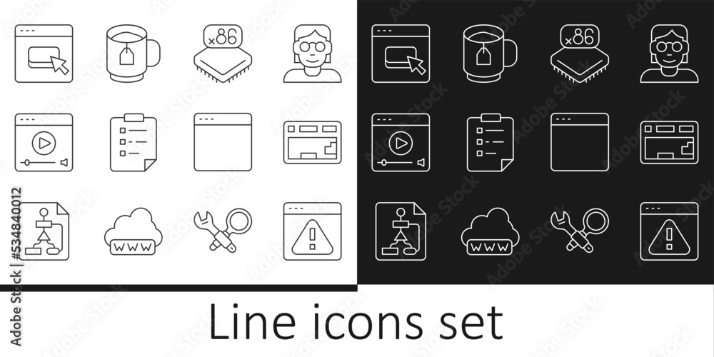 Set line Browser with exclamation mark, Keyboard, Processor microcircuits CPU, Clipboard checklist, Online play video, files, window and Cup of tea tea bag icon. Vector