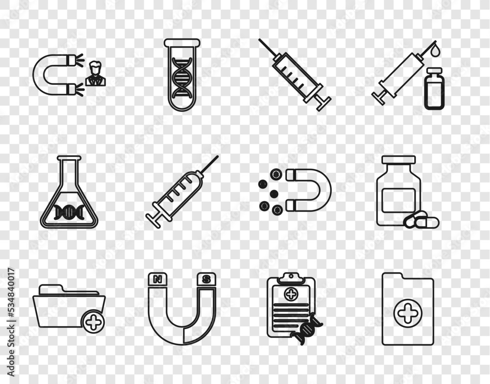Set line Health record folder, Clinical, Syringe, Magnet, Customer attracting, Clipboard with DNA analysis and Medicine bottle and pills icon. Vector Set line Health record folder, Clinical, Syringe, Magnet, Customer attracting, Clipboard with DNA analysis and Medicine bottle and pills icon. Vector
