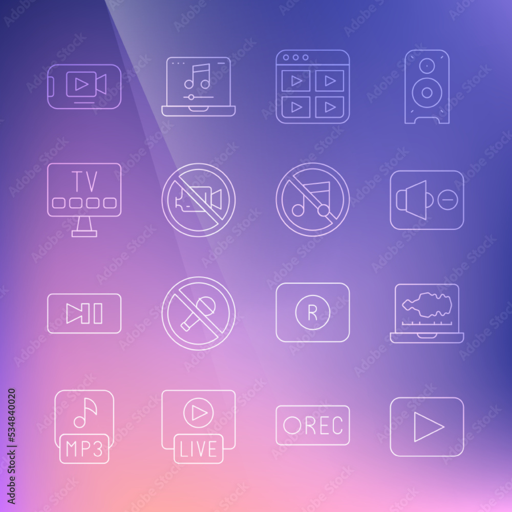 Set line Play button, Sound or audio recorder, Speaker mute, Music playlist, Prohibition no video recording, Smart Tv, Online and icon. Vector Set line Play button, Sound or audio recorder, Speaker mute, Music playlist, Prohibition no video recording, Smart Tv, Online and icon. Vector