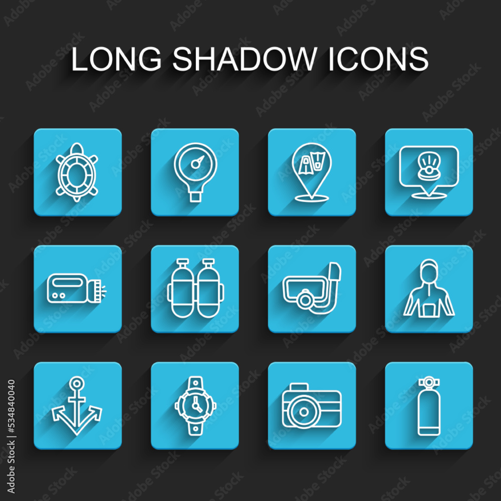 Set line Anchor, Diving watch, Turtle, Photo camera for diver, Aqualung, Wetsuit scuba diving and mask with snorkel icon. Vector Set line Anchor, Diving watch, Turtle, Photo camera for diver, Aqualung, Wetsuit scuba diving and mask with snorkel icon. Vector