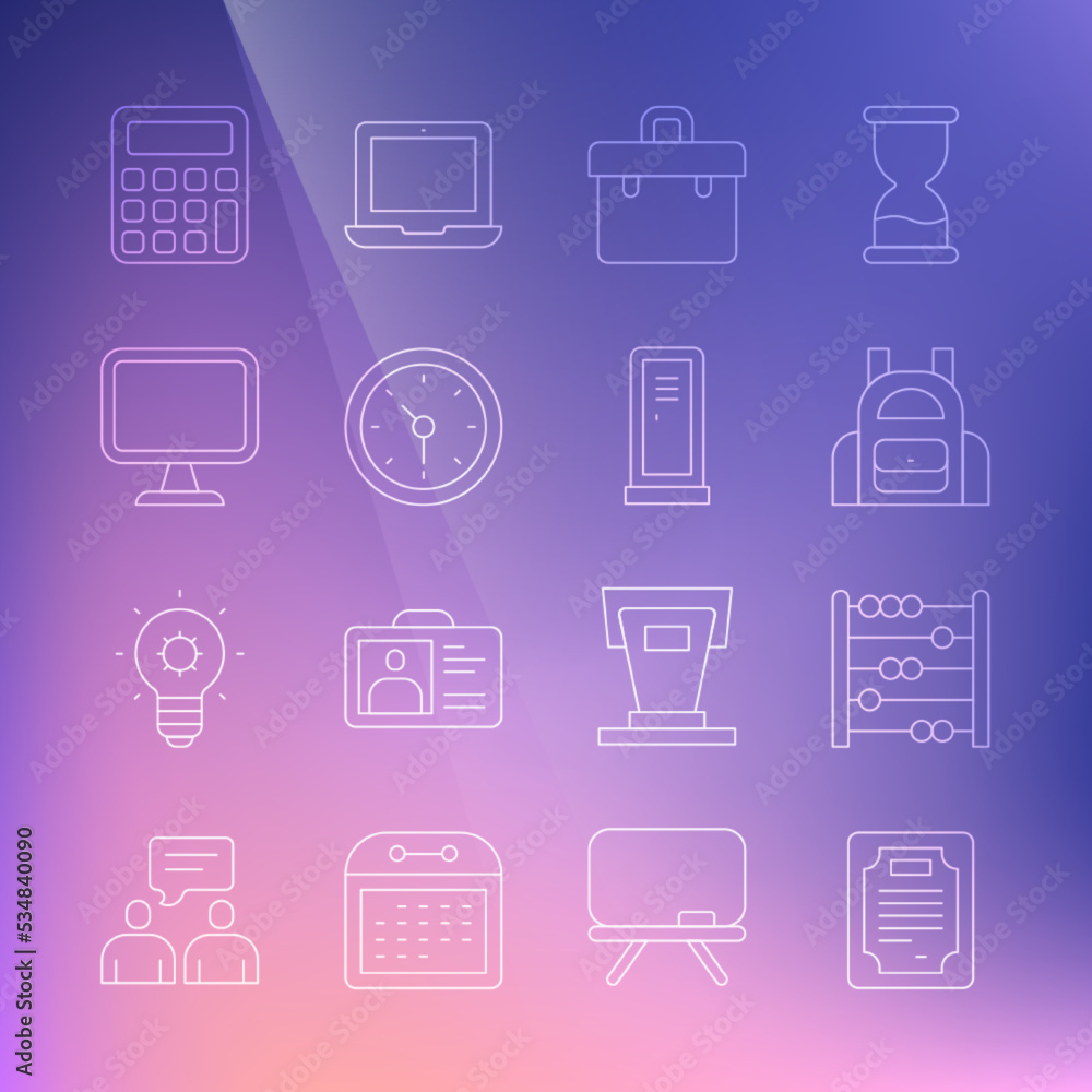 Set line Certificate template, Abacus, School backpack, Briefcase, Clock, Computer monitor, Calculator and Locker changing room icon. Vector