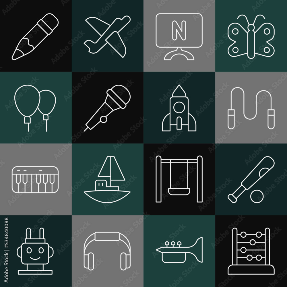 Set line Abacus, Baseball bat with ball, Jump rope, Smart Tv, Microphone, Balloons, Pencil eraser and Rocket ship toy icon. Vector Set line Abacus, Baseball bat with ball, Jump rope, Smart Tv, Microphone, Balloons, Pencil eraser and Rocket ship toy icon. Vector