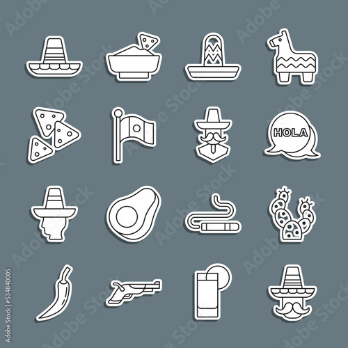 Set line Mexican man sombrero, Cactus, Hola, Mexico flag, Nachos, and icon. Vector