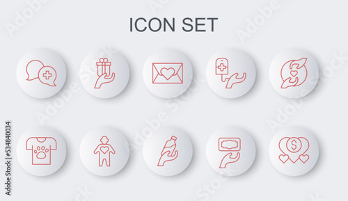 Set line Donation and charity, Animal volunteer, Envelope with heart, Dialogue doctor, Give gift, Volunteer and water icon. Vector