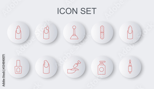 Set line Milling cutter for manicure, Bottle of nail polish, Tube hand cream, Broken, Manicure, and icon. Vector