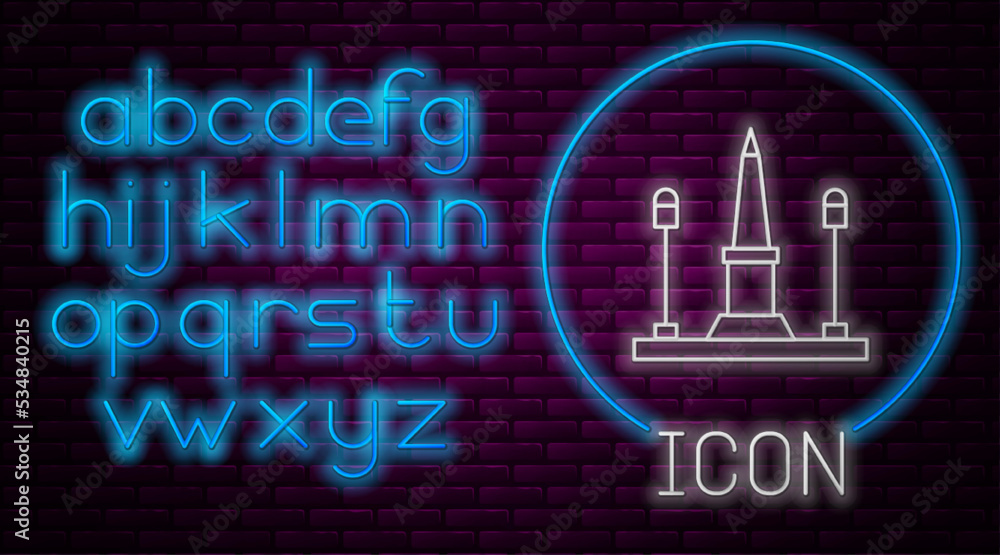 Glowing neon line Place De La Concorde in Paris, France icon isolated on brick wall background. Neon light alphabet. Vector Glowing neon line Place De La Concorde in Paris, France icon isolated on brick wall background. Neon light alphabet. Vector