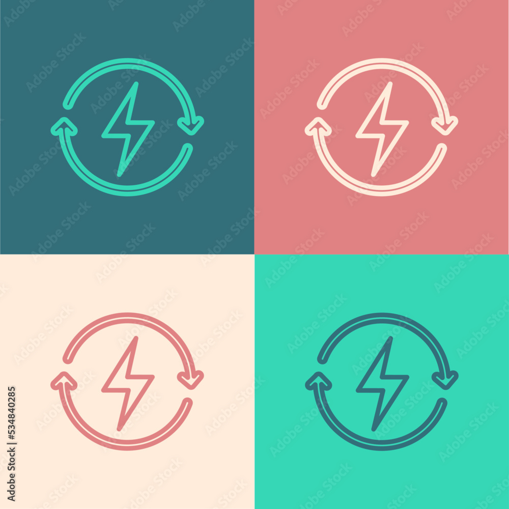 Pop art line Recharging icon isolated on color background. Electric energy sign. Vector Pop art line Recharging icon isolated on color background. Electric energy sign. Vector