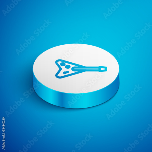 Isometric line Electric bass guitar icon isolated on blue background. White circle button. Vector
