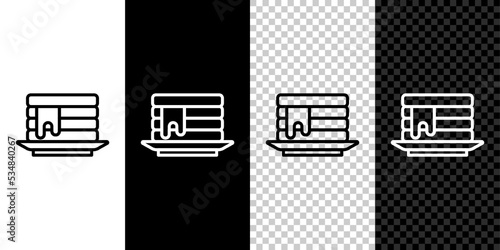 Set line Stack of pancakes with honey icon isolated on black and white, transparent background. Breakfast concept. Vector