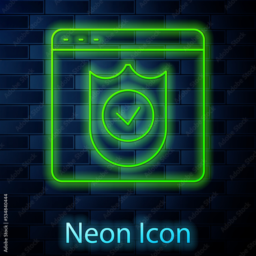 Glowing neon line Browser with shield icon isolated on brick wall background. Security, safety, protection, privacy concept. Vector Glowing neon line Browser with shield icon isolated on brick wall background. Security, safety, protection, privacy concept. Vector