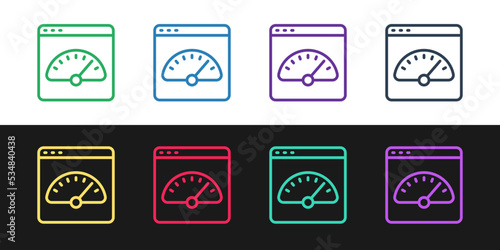 Set line Digital speed meter icon isolated on black and white background. Global network high speed connection data rate technology. Vector