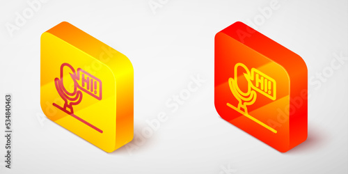 Isometric line Microphone voice device icon isolated on grey background. Microphone interpreter and alphabet letters. Yellow and orange square button. Vector