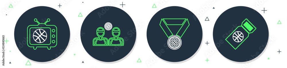 Set line Basketball player, on sport calendar, Location with basketball and game ticket icon. Vector Set line Basketball player, on sport calendar, Location with basketball and game ticket icon. Vector