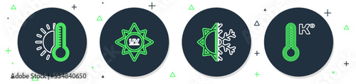 Set line UV protection, Sun and snowflake, Thermometer with sun and Meteorology thermometer icon. Vector