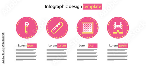 Set line Checkered napkin, Lederhosen, French baguette bread and Bottle opener icon. Vector