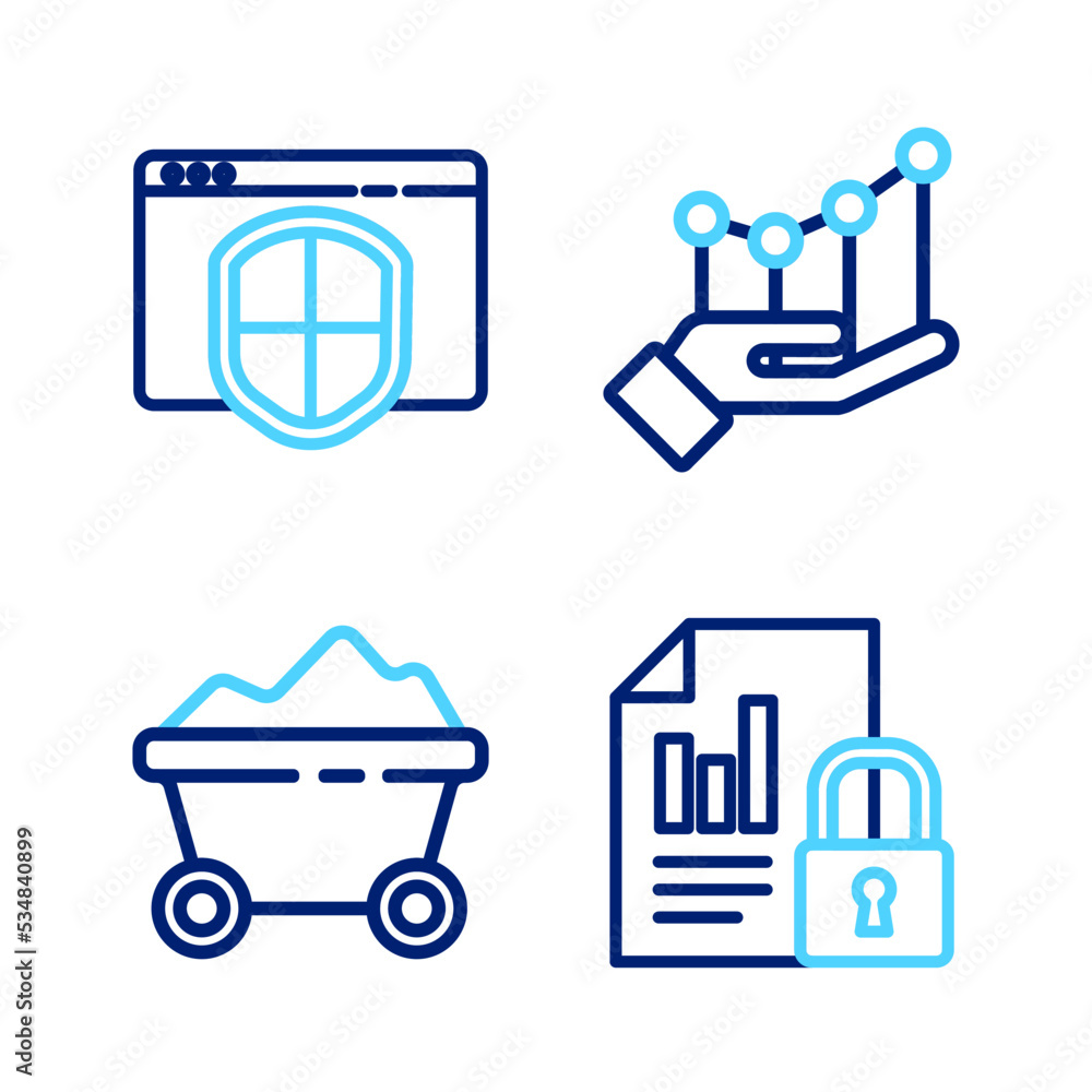 Set line Document and lock, Coal mine trolley, Pie chart infographic and Browser with shield icon. Vector Set line Document and lock, Coal mine trolley, Pie chart infographic and Browser with shield icon. Vector