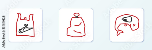 Set line Environment protection whale dead, Dead bird, plastic and Garbage bag icon. Vector