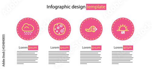 Set line Cone meteorology windsock wind vane, Sunrise, Moon and Cloud with rain icon. Vector