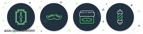 Set line Mustache, Cream or lotion cosmetic jar, Blade razor and Classic Barber shop pole icon. Vector