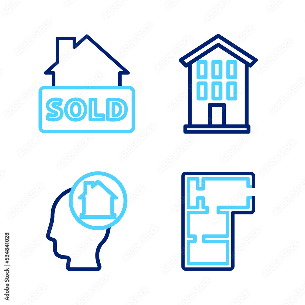 Set line House plan, Man dreaming about buying house, and Hanging sign with text Sold icon. Vector Set line House plan, Man dreaming about buying house, and Hanging sign with text Sold icon. Vector