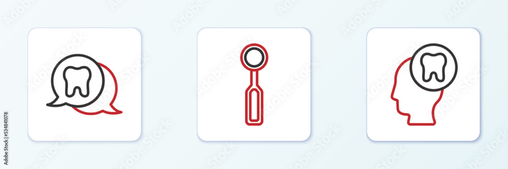 Set line Human head with tooth, Tooth and Dental inspection mirror icon. Vector Set line Human head with tooth, Tooth and Dental inspection mirror icon. Vector