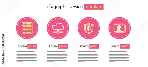 Set line Shield with dollar, Secure your site HTTPS, SSL, Network cloud connection and Server, Data, Web Hosting icon. Vector
