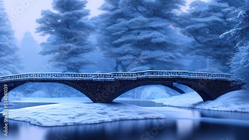 Winter snowy park. The bridge over the frozen river, ice, trees. Frosty sunset. 3D illustration.