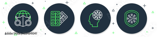 Set line Pills in blister pack, Human and virus, Earth with medical mask and Shield protecting from icon. Vector
