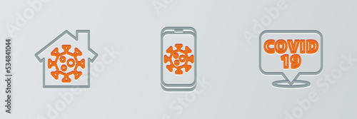 Set line Corona virus on location, Stay home and Virus statistics mobile icon. Vector