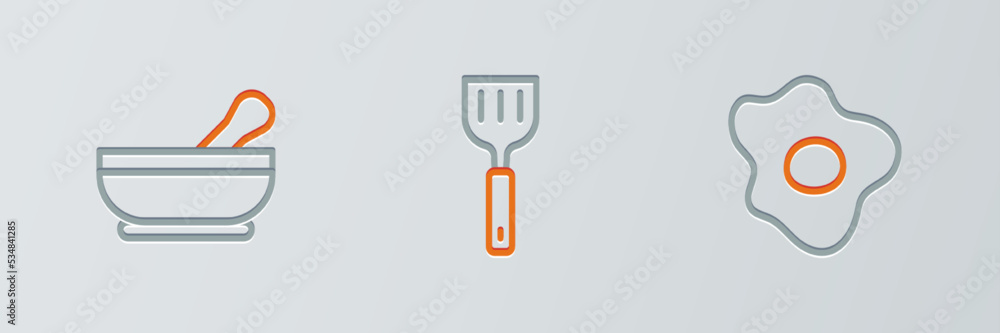 Set line Scrambled eggs, Mortar and pestle and Spatula icon. Vector Set line Scrambled eggs, Mortar and pestle and Spatula icon. Vector