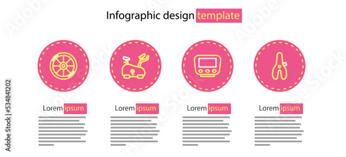 Set line Bicycle speedometer, seat, Stationary bicycle and wheel icon. Vector