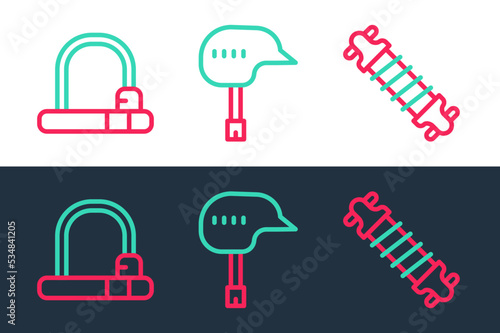 Set line Bicycle suspension, lock and helmet icon. Vector