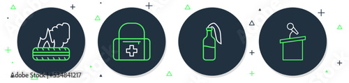 Set line First aid kit, Cocktail molotov, Lying burning tires and Stage stand or tribune icon. Vector