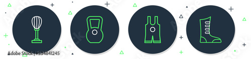 Set line Kettlebell, Wrestling singlet, Punching bag and Sport boxing shoes icon. Vector